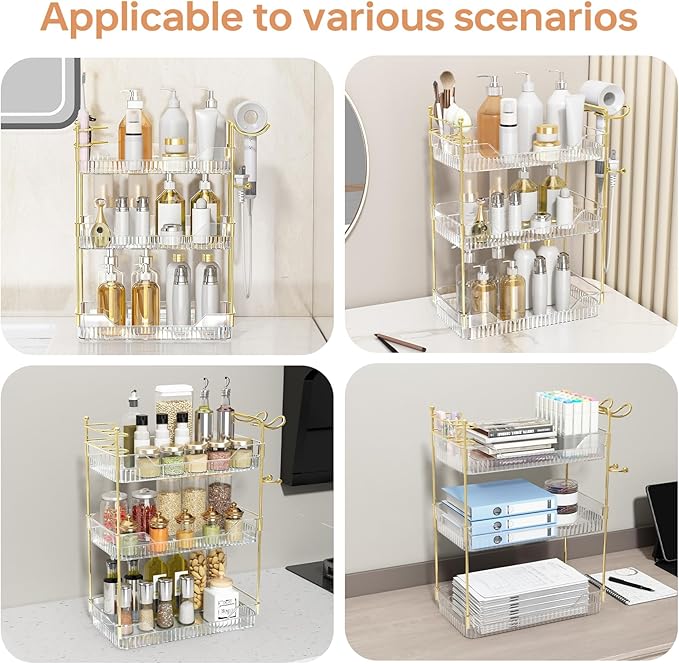 Bathroom Counter Organizer with Hair Dryer Holder and Toothbrush Holder, Acrylic Vanity Tray for Skincare, Perfume, Makeup Storage on Countertop ＆ Dresser (Clear, 3-Tier)