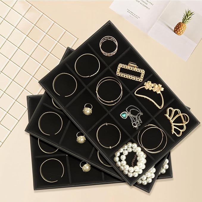 STARVAST 3 Pcs Stackable Velvet Jewelry Organizer Trays, 12 Grids Jewelry Organizers and Display Case Storage for Earrings Bracelets Necklace Rings, Jewelry Trays Drawer Insert
