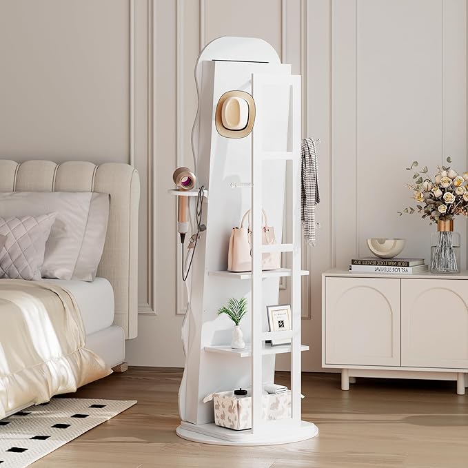 Vlsrka LED Mirror Jewelry Cabinet Standing, 360° Swivel Jewelry Aromire Organizer with Wavy Mirror, Lockable Jewelry Mirror with Storage, Jewelry Cabinet, Interior Mirror, Flodable Shelf, White