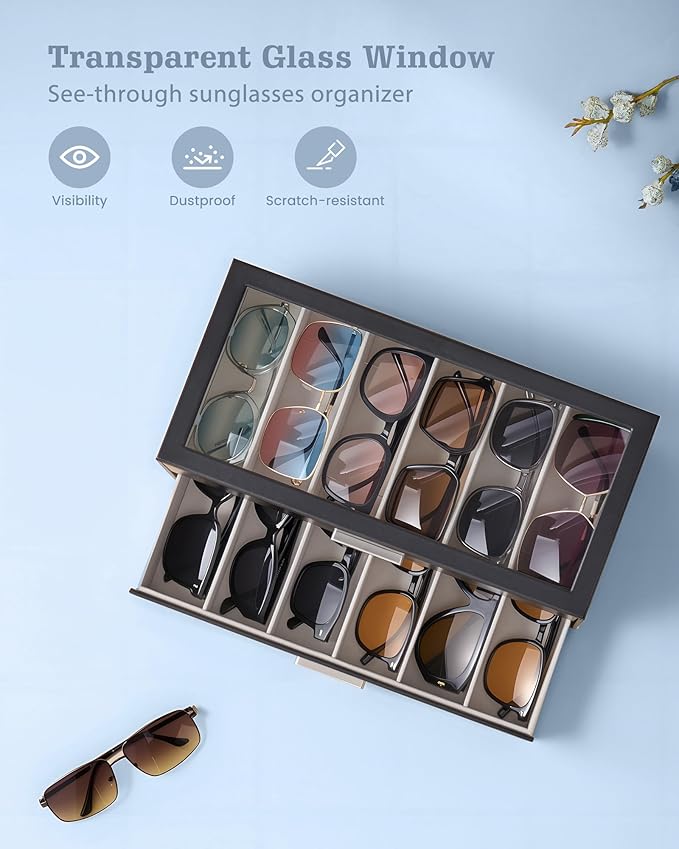 Lolalet Beige Sunglasses Storage Box for Women, Eyewear Eye Glass Organizer with Clear Top Lid Display Holder Case