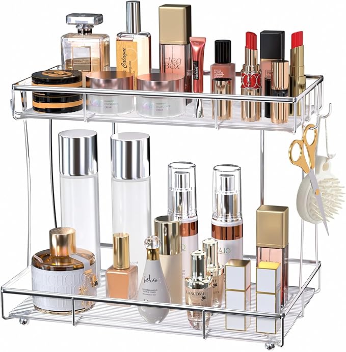 Bathroom Organizer Countertop Perfume Organizer Makeup Organizer Cosmetics Storage Display Rack Vanity Tray Dresser Steel chrome Shelf Transparency Wavy Acrylic Tray (2 Tier Chrome)