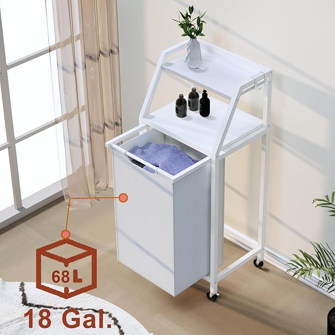 Laundry Hamper, Laundry Sorter, Rolling Laundry Basket with Wheels, 2 Shelves, 18 Gal(68L), Pull-Out and Removable Oxford Fabric Bags, White and Grey