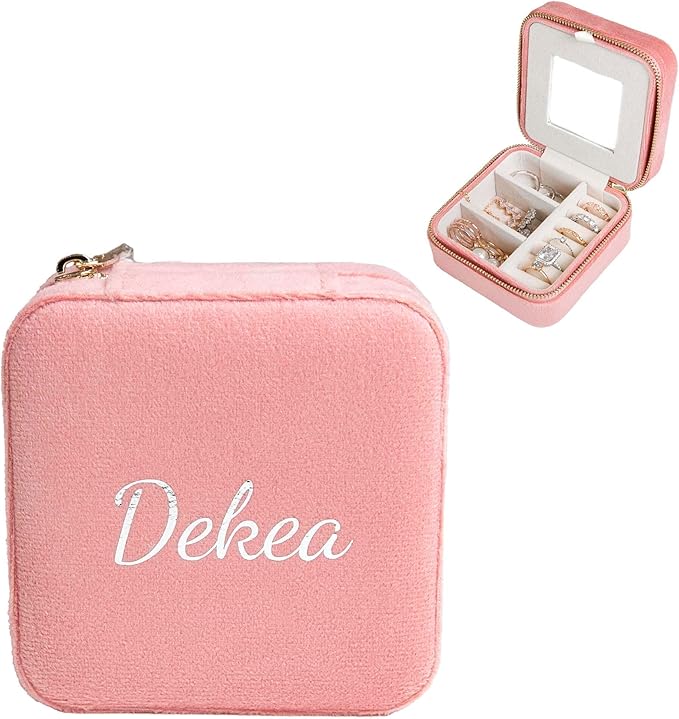 Customizable Compact Velvet Jewelry Box with Mirror, Travel Jewelry Case, Travel Jewelry Organizer, Jewelry Box for Women and Girls, Small Jewelry Organizer (Center Text, Coral Pink)