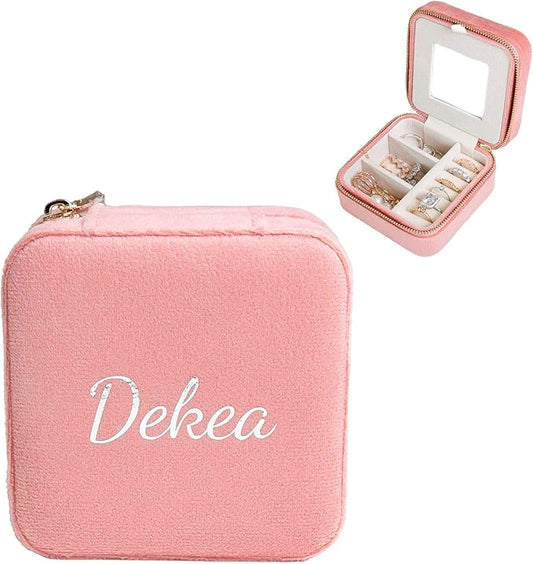 Customizable Compact Velvet Jewelry Box with Mirror, Travel Jewelry Case, Travel Jewelry Organizer, Jewelry Box for Women and Girls, Small Jewelry Organizer (Center Text, Coral Pink)