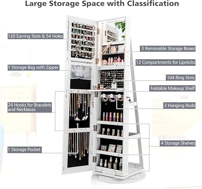 CHARMAID 360° Swivel Jewelry Armoire with Full Length Mirror, Rear Storage Shelves, Lockable Standing Jewelry Cabinet Organizer with Interior Vanity Mirror and 3-Color Lights (White)