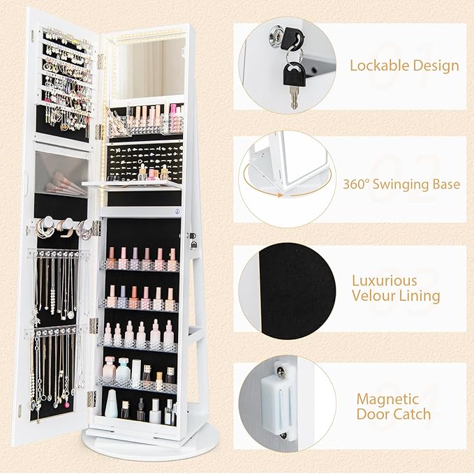 GOFLAME 360° Swivel Jewelry Cabinet Armoire with Full Length Mirror, Standing Jewelry Storage Organizer with Rear Storage Shelves, 3-Color LED Lights, Foldable Shelf, Interior Mirror, White