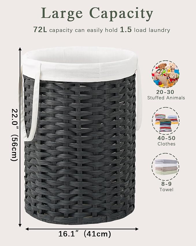 Laundry Hamper Laundry Basket Round 19.0 Gal (72 L) Handwoven Rattan Hamper, Large Wicker Laundry Hamper with Removable Laundry Bag Handles 2 Mesh Bags for Bathroom Living Room Black (No Lid)