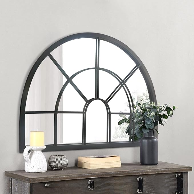 WAMIRRO Black Arched Window Pane Semi-Round Mirror - Farmhouse Mantel Half Circle Mirror for Fireplace, Living Room, Entryway Console Table,Wall Deocr 28"X20"