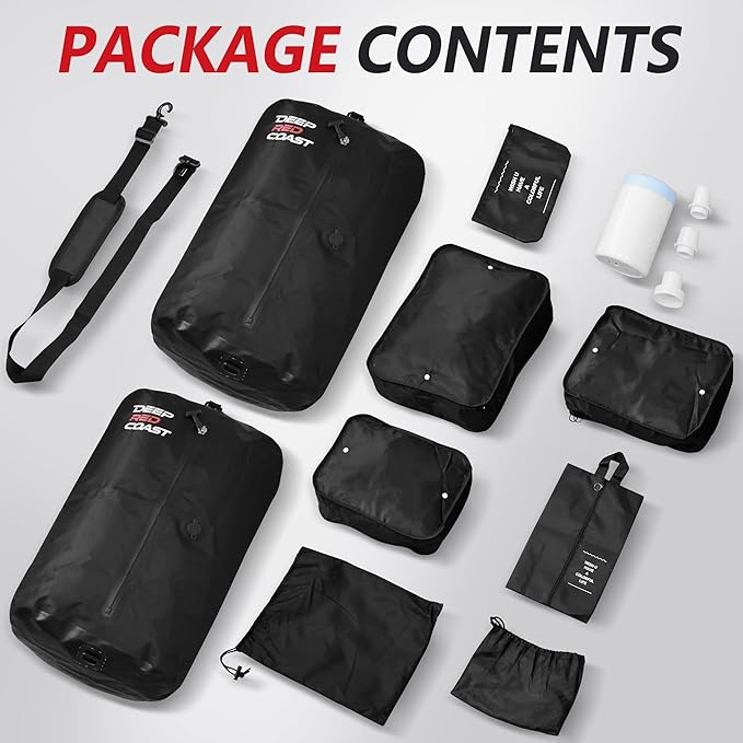 Vacuum Bags for Travel with Pump, 12GAL Compression Packing Cubes with Adjustable Shoulder Strap, IP68 Reusable Vacuum Packing Cubes for Luggage, Backpack, Suitcase, Yoga, Swim, Beach