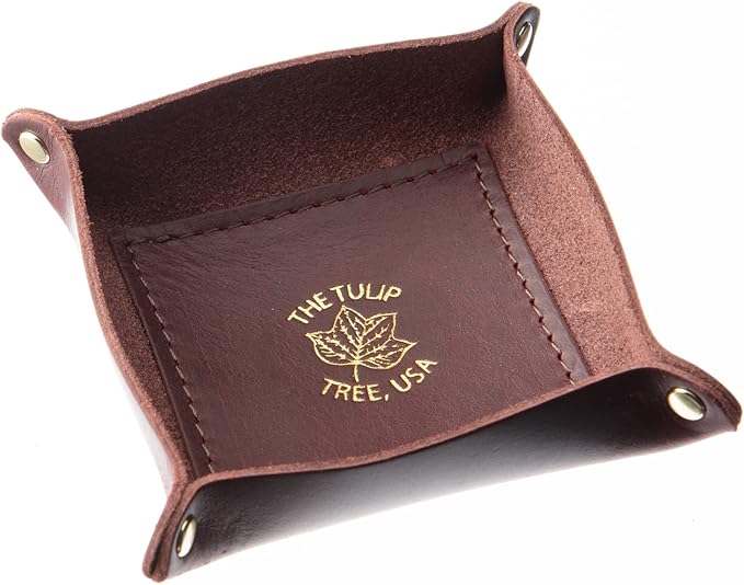 USA Handmade Premium Leather Valet Tray, Jewelry Organizer, With Brass Rivets (Burgundy, Mini)