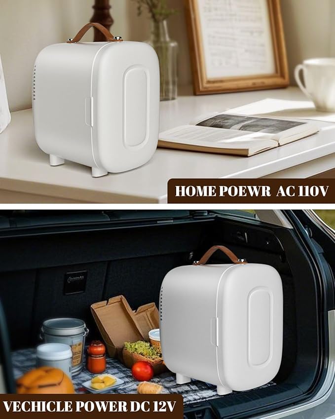 Mini Fridge for Bedroom, 4 Liter/6 Cans Skincare Small Refrigerator, AC/DC Portable Mini Cooler & Warmer, Small Fridge for Camping, Dorm, Office, Car (White)