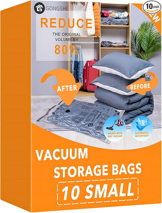 10 Small Vacuum Storage Bags, Space Saver Sealer Compression Bags for Blankets, Comforters, Pillows, Clothes Storage