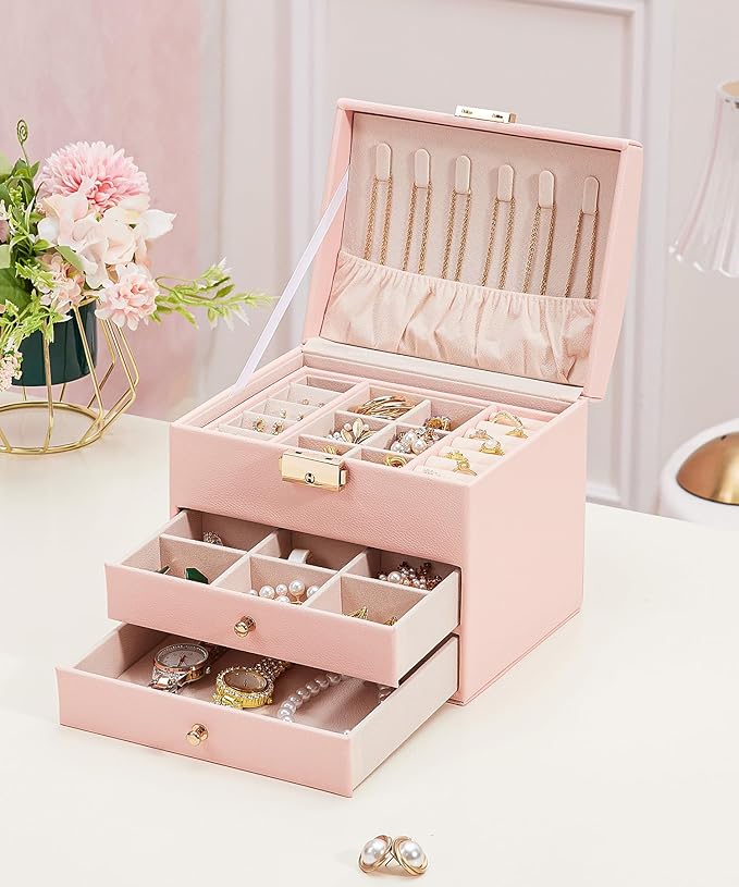 Homde Women Jewelry Box with Lock: 3 Layers Modern Organizer - Pink Storage for Ring Necklace Earring - Birthday Christmas Gifts for Girls