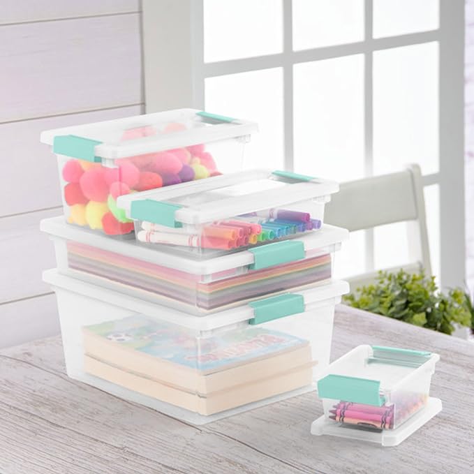 Sterilite 6-Pack Clip Box, Stackable Clear Plastic Bins with Latching Lids, Mini - Writing, Arts or Crafts Supplies Storage Containers for Home, Office, Classroom and Workshop Organization