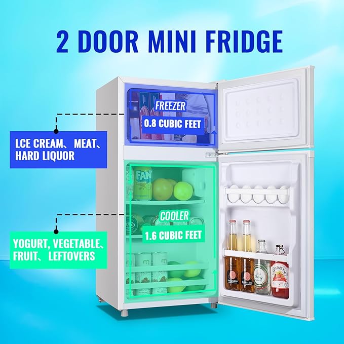2.4 Cu.ft Small Refrigerator with Double Doors Mini Fridge with Freezer Dorm Refrigerator For Singel 7 Mode Temperature Suit for Apartment Bedroom Rv White