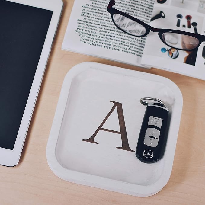 I'm Wooden Personalized Letter Catchall Valet Tray Trinket Dish Jewelry Tray Key Bowl Decorative Plate Organizing Ring Earrings Necklaces Bracelet Watch Coins Wallet Holder (6"x6" Sq White A)