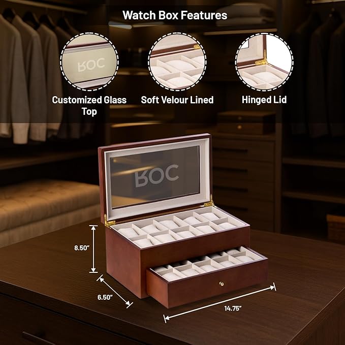 Bey-Berk Personalized Bosh Cherry Wood 20-Slot Watch Box, Glass-Top Solid Wood Watch Display Case with Drawer and Velour-Lined Cushions, 14.75" x 8.5" x 6.5"