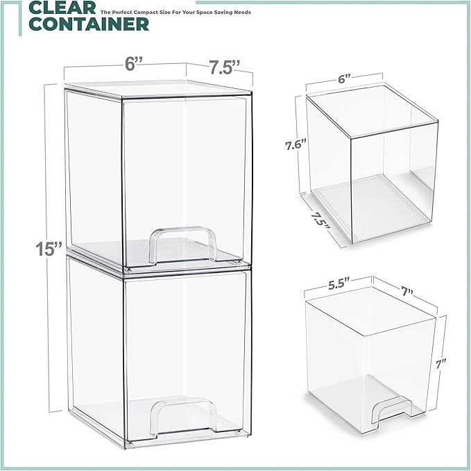 Sorbus Stackable Acrylic Storage Drawers, 2 Pack Clear Plastic Organizer Bins for Baby Bottles, Makeup, Bathroom, Vanity & Kitchen Countertop Organization, Pull-Out Drawer Design for Cabinets & Pantry