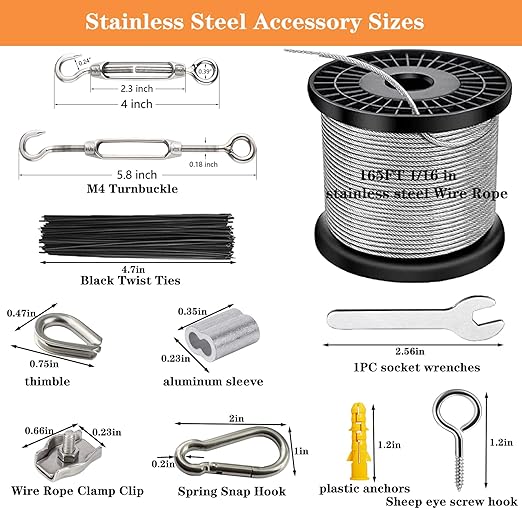 Wire Rope Kit, 1/16 inch Stainless Steel Cable, 165ft Vinyl Coated, M4 Turnbuckles, for Garden Trellis, String Lights, Curtains