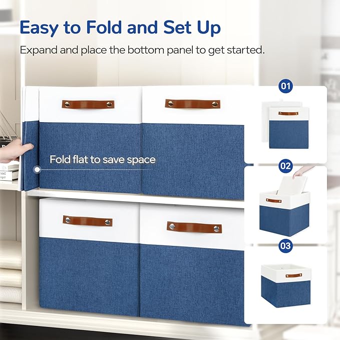 13x13 Storage Cubes 6-Pack, Large Foldable Fabric Cube Storage Bin with Reinforced Bottom and Labels, Organizer Baskets for Shelves, Closets(White/Blue)