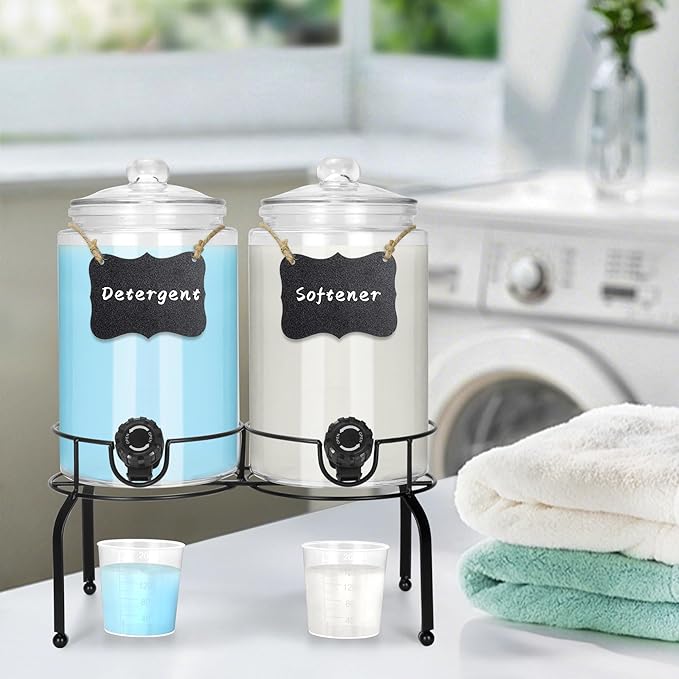 Glass Laundry Detergent Dispenser 1 Gallon 2 Pack, 2 Gallon Laundry Soap Dispenser with Stand, Glass Jars Laundry Containers for Laundry Room Organization & Storage