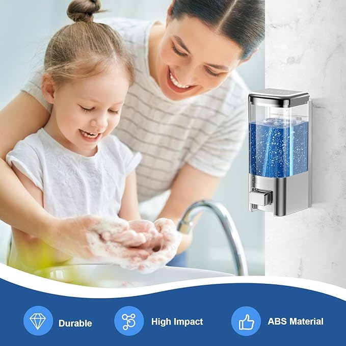 SVAVO Wall Mounted Soap Dispenser - Manual Kitchen Bathroom Hand Soap Dispenser with Anti-Leakage Nozzle Container for Liquid/Gel/Shampoo/Shower Gel/Lotion/Cleaner, 17fl.oz/500ml, Chrome&Clarity