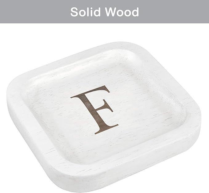 I'm Wooden Personalized Letter Catchall Valet Tray Trinket Dish Jewelry Tray Key Bowl Decorative Plate Organizing Ring Earrings Necklaces Bracelet Watch Coins Wallet Holder (6"x6" Sq White F)