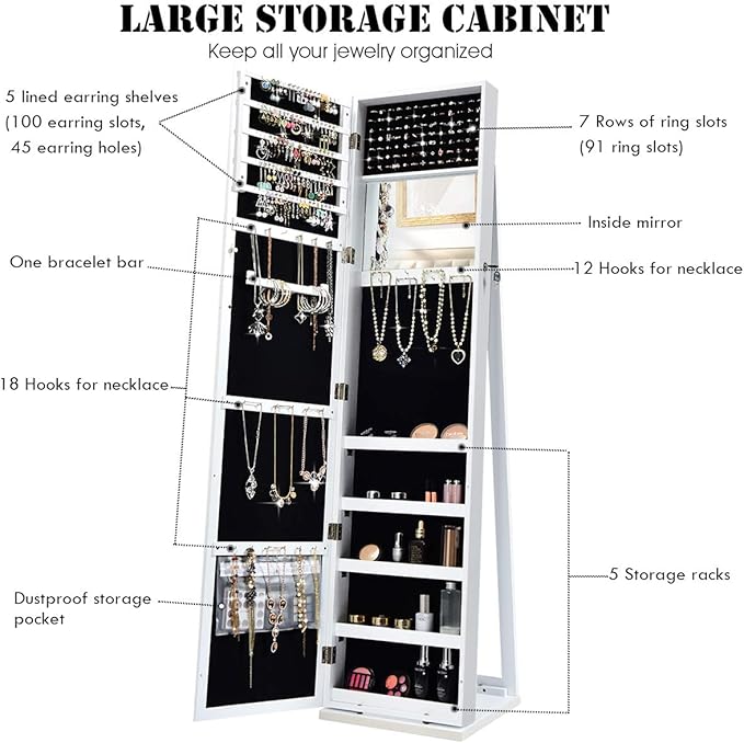 CHARMAID Standing Jewelry Armoire with Tall Full Length Mirror, 2-in-1 Lockable Jewelry Cabinet Organizer with Large Storage Capacity, Inside Makeup Mirror, Stable Base, Easy Assembly (White)