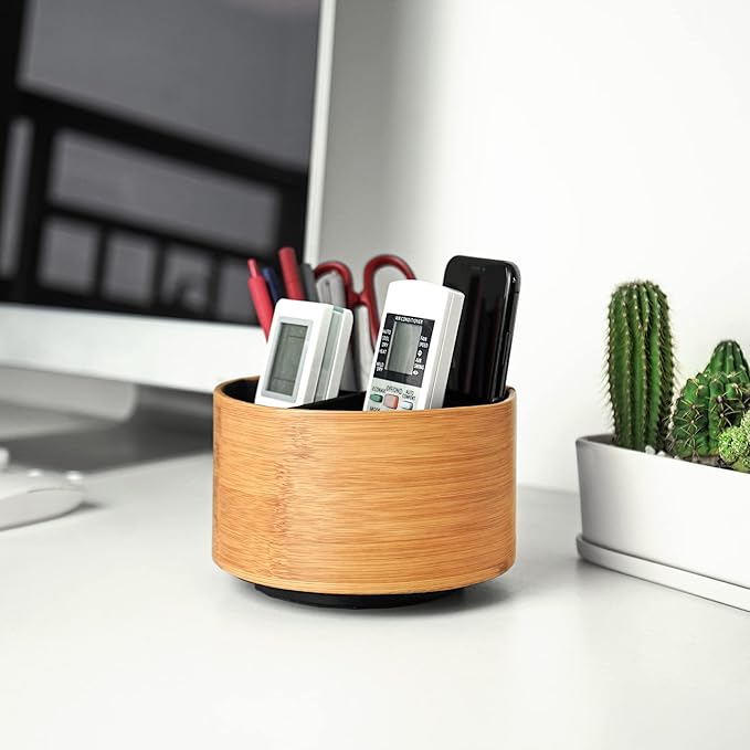 Hennaja Round Leather Art Supply Organizer,Remote Control Holder,360 Degree Spinning,Multi-Functional Pencil Holder,4 Compartments Desktop Stationary Organizer(1-Beige2)