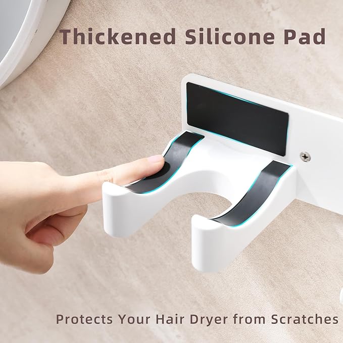 Hair Dryer Holder Wall Mounted, Hair Dryer Organizer Self Adhesive Compatible with Dyson Blow Dryer Holder Aluminum BlowDryer Holder Wall Mounted for Bathroom White