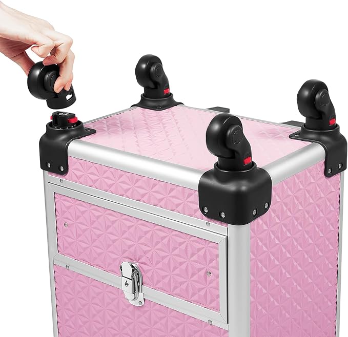 Rolling Makeup Train Case Large Cosmetic Trolley Nail Bag Organizer Professional Manicure Tool kit Portable Manicure Storage Case with Swivel Wheels 4 Tray and Sliding Rail (Pink)