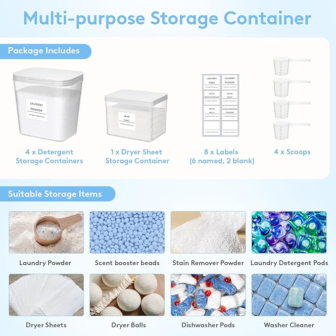 Lifewit Laundry Pods Container with Pop-up Lid, Detergent Dispenser, Dryer Sheet Holder, Laundry Room Organization Storage Jars for Washing Powder, Soap, Scent Booster Beads,0.5+0.72gal, 5 Pcs