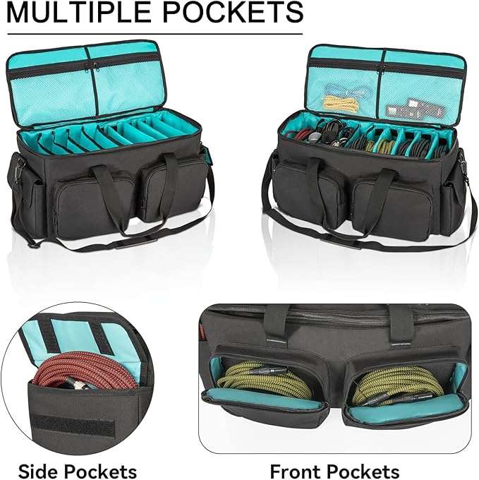 SAVIOUR DJ Cable File Bag, Detachable Padded Bottom and Adjustable Dividers, Stores Music, Audio, and Visual Cabling, Portable Travel Storage and Studio Organization (Blue)