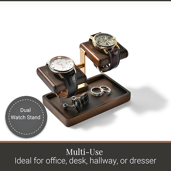 Wood Watch Organizer Tray with Dual Padded Display Stand – Elegant Valet Tray for Men – Premium Desk, Dresser & Nightstand Organizer for Watches, Rings & Accessories – Gift-Ready Design