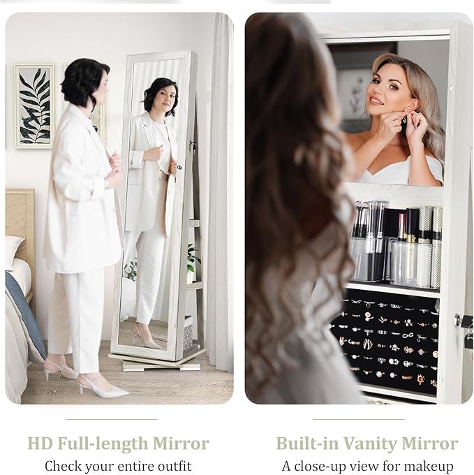 360° Swivel LED Mirror Jewelry Cabinet with Full Length Mirror, Lockable Floor Standing Mirrored Jewelry Armoire Organizer w/Inside Makeup Mirror & Back Storage Shelves (Grayish White)