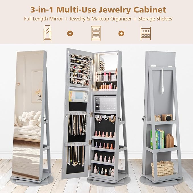CHARMAID 360° Swivel Jewelry Armoire with Full Length Mirror, Rear Storage Shelves, Lockable Standing Jewelry Cabinet Organizer with Interior Vanity Mirror and 3-Color Lights (Gray)