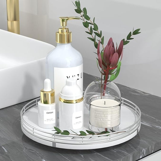 10" Oak Wood Bathroom Tray for Counter, Vanity Tray for Perfume Lotion Candle Makeup Jewelry Sink Soap Holder Turntable Dresser Organizer Countertop Coffee Table Decor Organization and Storage Silver