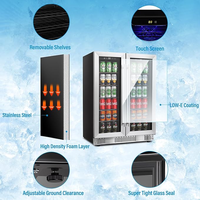 24 inch Beverage Refrigerator Cooler, 5.4 Cubic/176 Can Large Fridge Dual Zone with Glass Front Door, Beer or Wine, Under Counter Small Refrigerator with Adjustable Shelves and Digital Display