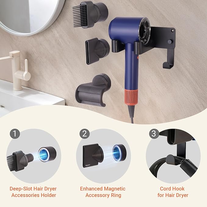 Hair Dryer Holder, Hair Dryer Holder Wall Mounted Self Adhesive Hairdryer Holder forDyson Aluminum Blow Dryer Holder Wall Mounted Black Hairdryer Hanger for Bathroom Black CHOCHOYAH