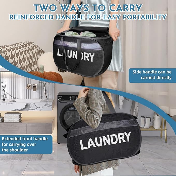 Collapsible Laundry Basket 2 pack, Foldable Pop Up Black Laundry Baskets Mesh with Lid & Handle, Pop Up Collapsible Laundrys Hamper, Fabric Laundrys Baskets for Dorm, Travel, Bathroom