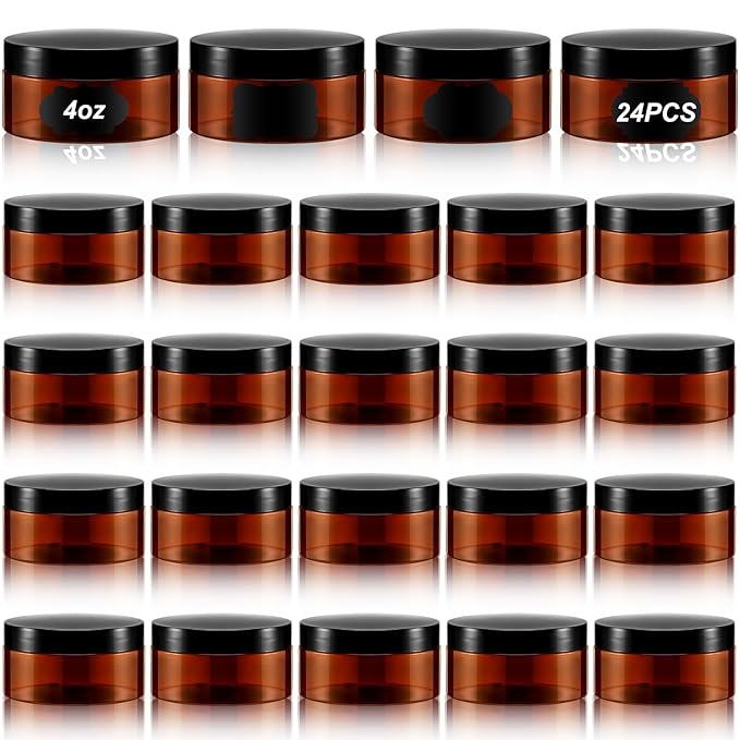 Dandat 24 Pcs 4 oz Plastic Jar Container with Lid and Label Refillable Empty Round Amber Pet Cosmetic Sample Slime Containers for Lotion, Cream, Ointments, Body Butter, Makeup, Travel Storage