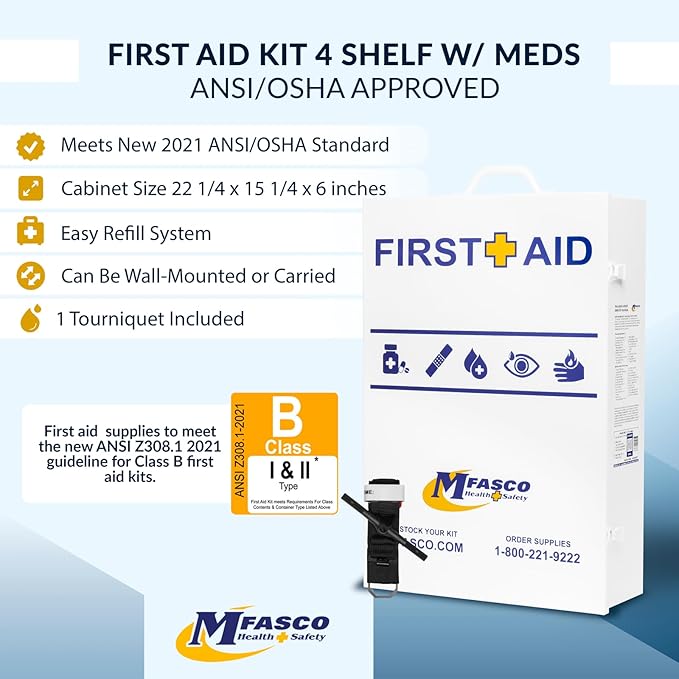 MFASCO Workplace Metal First Aid Kit - 4 Shelf Wall Mount Cabinet with Medications - Large Metal First Aid Box for Office with Supplies - Commercial Grade for Businesses - Emergency Preparedness