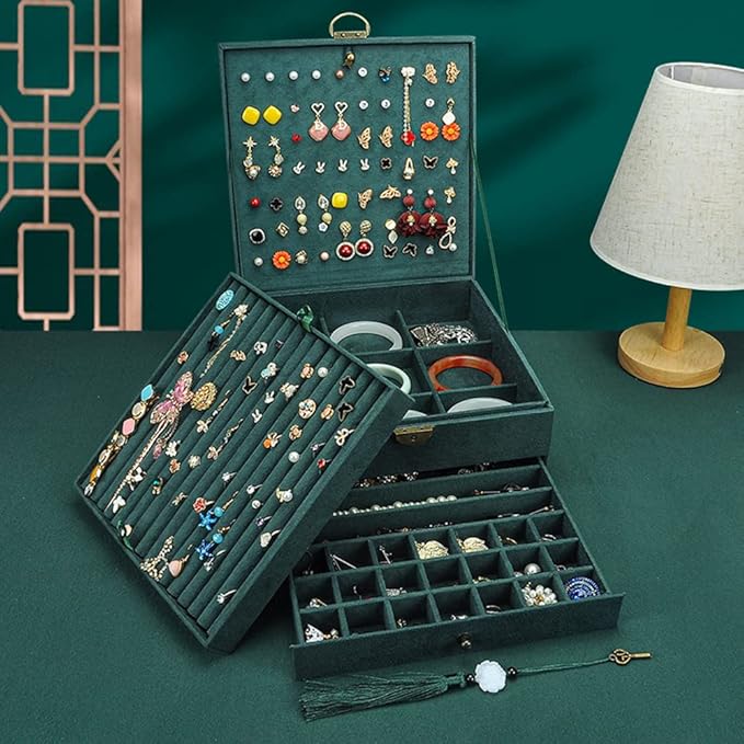 Jewelry Organizer 5 Layers Velvet Square Jewelry Box Women Necklace Ear studs Display Bangles Large Jewelry Storage Case Drawer GY306 (Green)