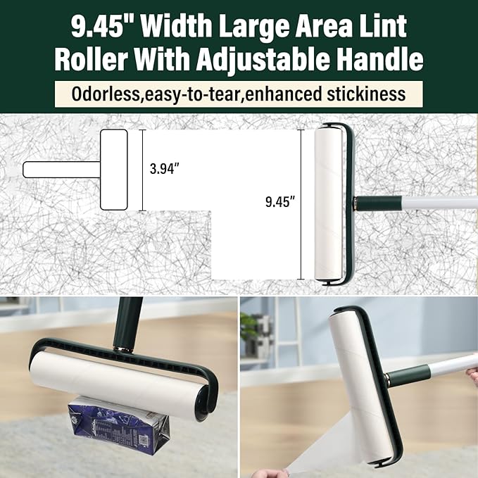 Large Lint Rollers for Pet Hair Extra Sticky, 9.45 in Giant Lint Roller Refill 360 Sheets Total,48 in Telescopic Pole to Clean Without Bending Down for Floor Cleaning Carpets,Clothes,Couch