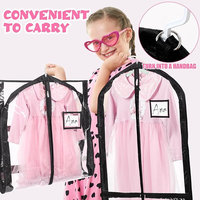 Geelin 14 Pcs Garment Bags for Dance Costumes PVC Clear with Zippers 20 x 40 Inch Garment Bag with Pockets Dance Costume Organizer Carrier for Storage Cover for Adult (Fully Transparent Black)