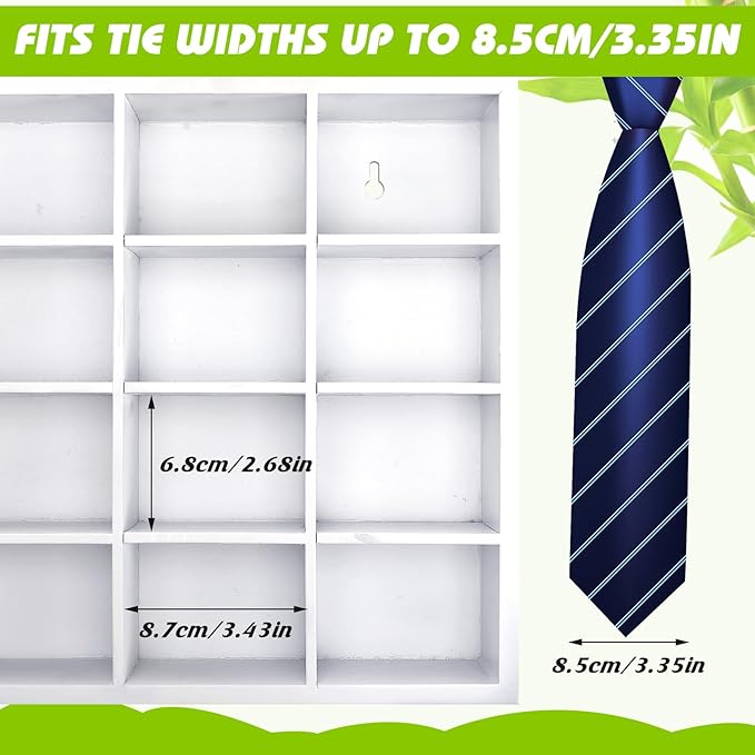 Wesiti Tie Box Organizer Wall Mounted Tie Rack with 16 Compartments Bamboo Belt Holder for Men Scarf Necktie Home Wall Closet(White Color,2 Pieces)