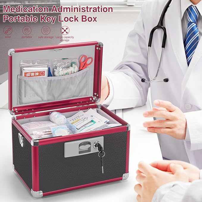 Secure Medicine Lock Box with Key, Childproof Metal Medication Storage Organizer for Home & Travel, Layered Aluminum First Aid Box, Portable & Durable – 10" x 6" x 6.7" Black & Red