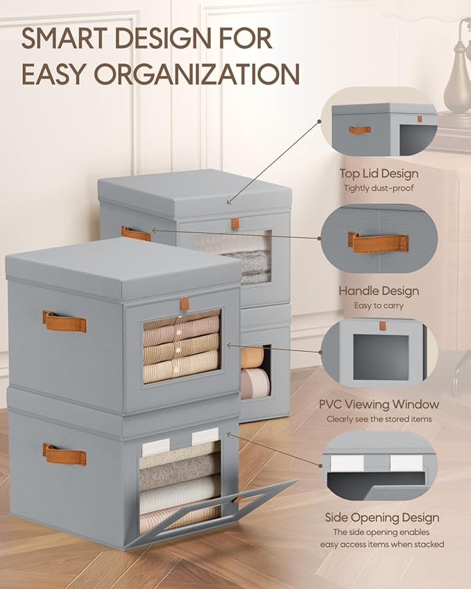 Storage Bins with Lid – Closet Organizer with Side Opening and Clear Window, Foldable Stackable Fabric Basket for Clothes, Home, Office - 13.77" x 11.8" x 9.8", 5 Pack, Grey
