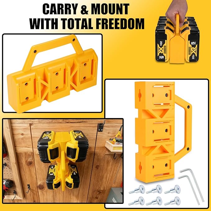 2-IN-1 Battery Carrying Holder & Wall Mount Holder for De.Walt, 6-Slot Battery Storage Organizer Rack for De.walt 20V/60V Batteries, Portable Caddy Case with Handle for Jobsite, Garage, Workshop