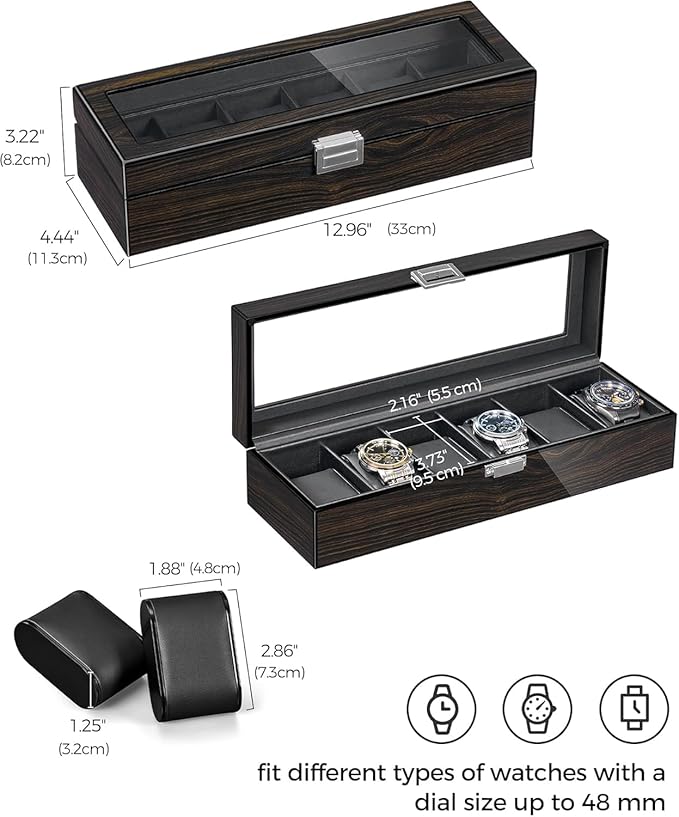ANWBROAD Watch Box for Men, 6 Slot Watch Case with Glass Lid, Watch Display Case Watch Holder Organizer for Men, Watch Storage Box with 6 Slot, UJWB006E